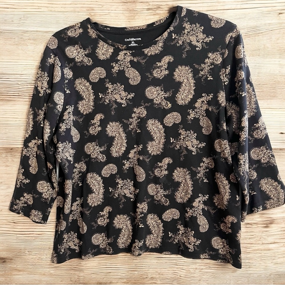 Croft Barrow Tunic Blouse Top Womens XL Black Paisley  Classic